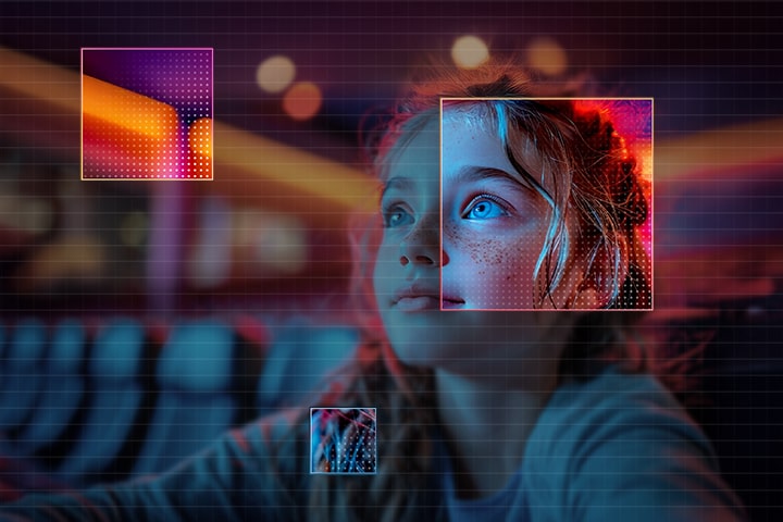 LG Smart Monitor showcasing AI Picture Pro visual enhancement with a cinematic scene of a child watching a movie, highlighting improved brightness, contrast, and color detail for a more lifelike and immersive viewing experience