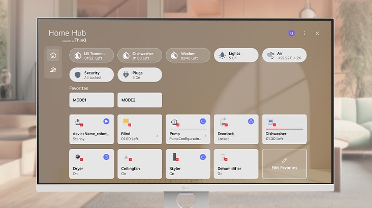 LG Smart Monitor displaying ThinQ Home Hub interface to control multiple smart home devices, showing unified dashboard for lighting, appliances, and connected devices, highlighting smart home monitoring and centralized control on webOS