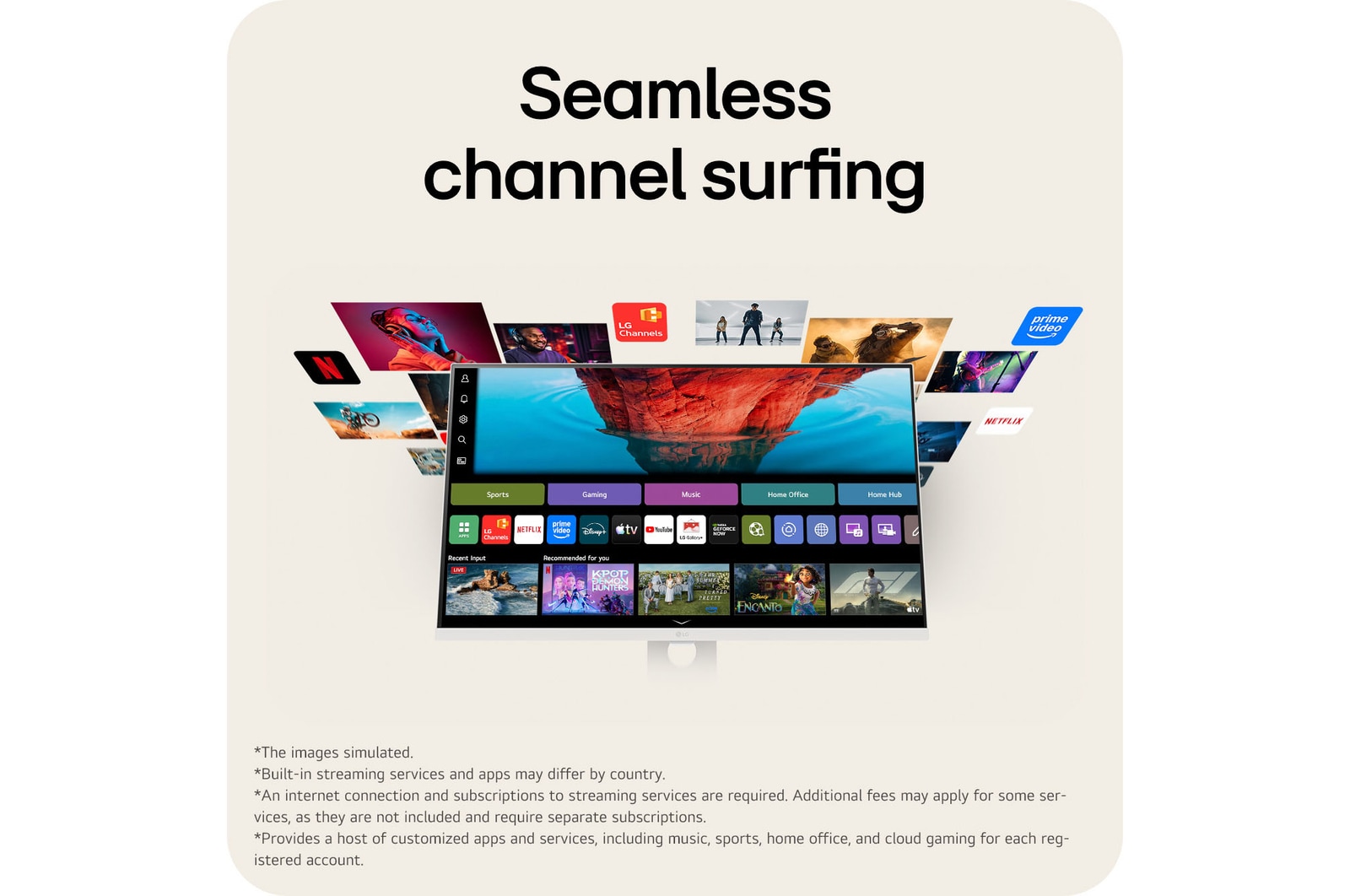 LG Smart Monitor with webOS providing access to built in streaming apps and entertainment content.