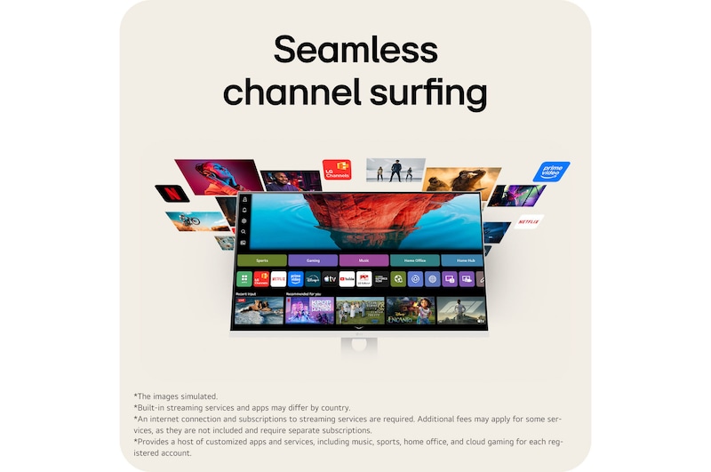 LG Smart Monitor with webOS providing access to built in streaming apps and entertainment content.