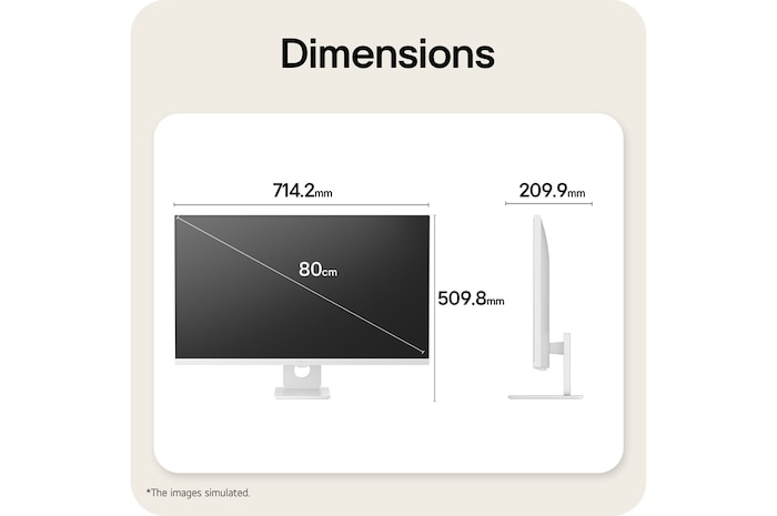 LG Smart Monitor dimensions illustrating overall product size and stand measurements.