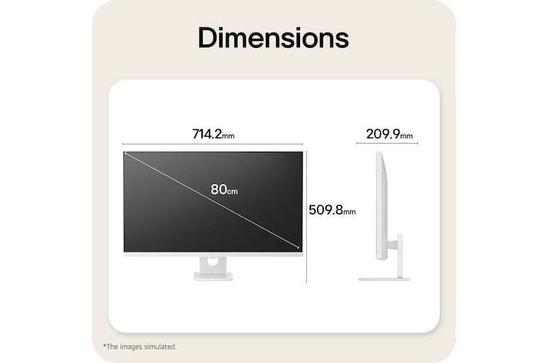 LG Smart Monitor dimensions illustrating overall product size and stand measurements.