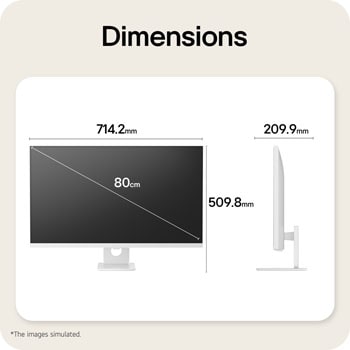 LG Smart Monitor dimensions illustrating overall product size and stand measurements.
