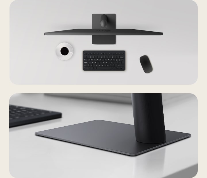 Top and angled views of an monitor setup on a clean desk, featuring a coffee cup, wireless keyboard, mouse, and a sleek, low-profile stand that ensures stability and saves space.