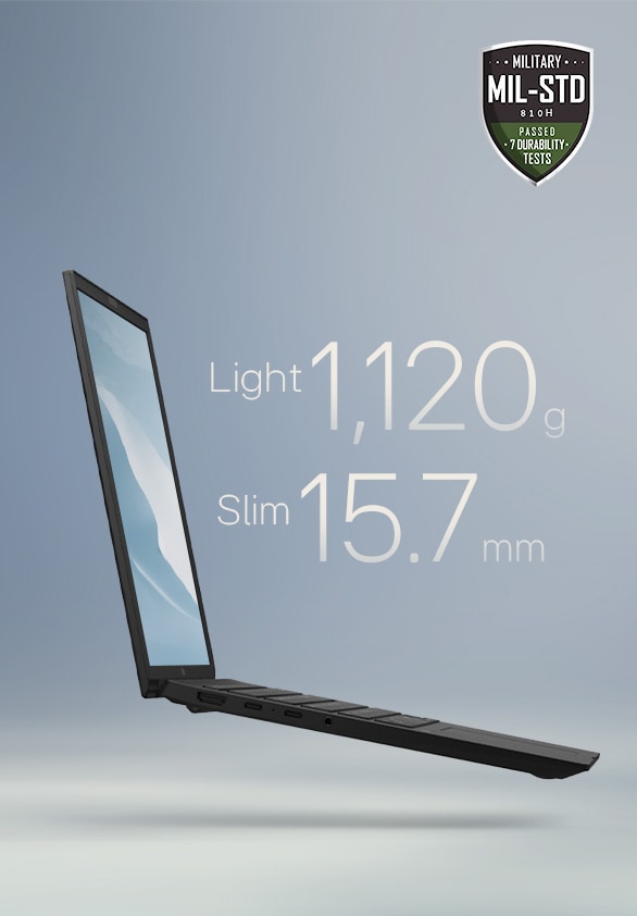 The image showcases a slim laptop with the text: "Light, thin, all-powerful" at the top. Key specifications, "Light 1,120g" and "Slim 15.7mm," are highlighted in the center. A MIL-STD durability badge is displayed in the upper-right corner, emphasizing its robustness.