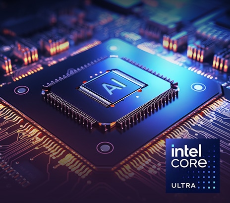 The image displays a close-up of a computer chip with "AI" highlighted at the center, surrounded by a glowing circuit board. The text at the top reads: "AI-optimized processor," and the bottom right features the Intel Core Ultra logo, emphasizing advanced AI processing capabilities.