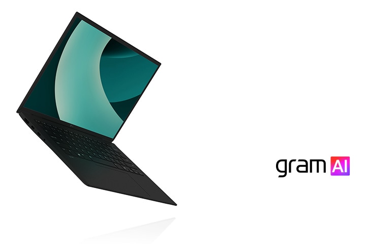 The image shows an LG Gram laptop, highlighted for its ultra-light design. On the right, the text reads: "Delightfully light" with the "gram AI" logo below it.