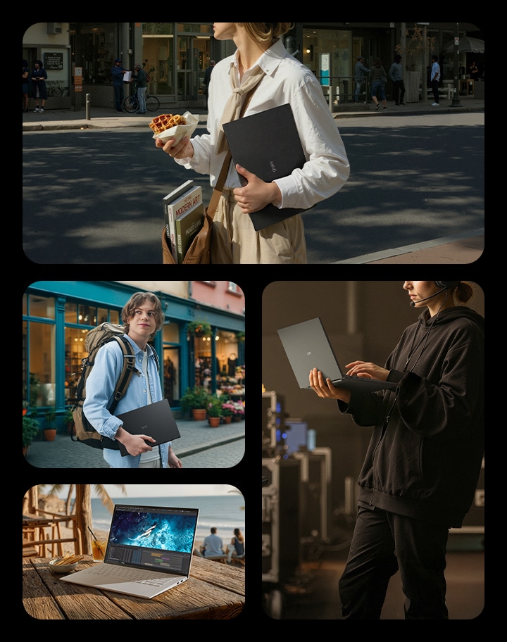 This image shows four real-life usage scenarios of the LG gram laptop, including carrying the device while walking through the city, using the laptop one-handed during live work or communication, traveling with the laptop backpacking between locations, and working outdoors at a seaside café with creative applications open, highlighting everyday portability, mobility, and flexible performance.