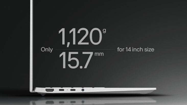 This image shows a close-up side view of the gram 14 inch laptop, highlighting only 1,120 grams in weight and 15.7mm in thickness for the 14 inch size.