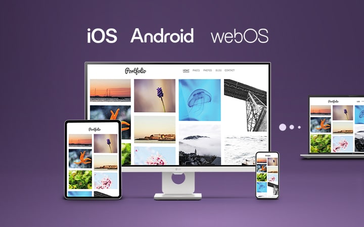 This image shows an LG gram laptop connected with a tablet, smartphone, and desktop display, illustrating seamless multi-device syncing and content sharing across iOS, Android, and webOS using LG gram Link.