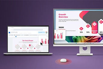 This image shows a laptop connected to an external monitor with a shared workspace, demonstrating cross-device screen extension and unified control using a single keyboard and mouse.