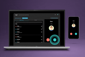 This image shows a laptop screen displaying an incoming mobile call interface alongside a phone, illustrating mobile notifications and audio calls handled directly on the PC via LG gram Link, demonstrating how to connect phone to laptop seamlessly.