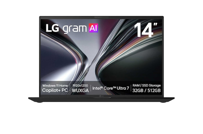 A front-facing view of the LG gram AI laptop with a 14-inch display. The image highlights key specifications shown on the screen, including Windows 11 Home Copilot+ PC, a WUXGA display, Intel Core Ultra processor, and memory and storage configuration of 32 GB RAM and 2TB SSD.