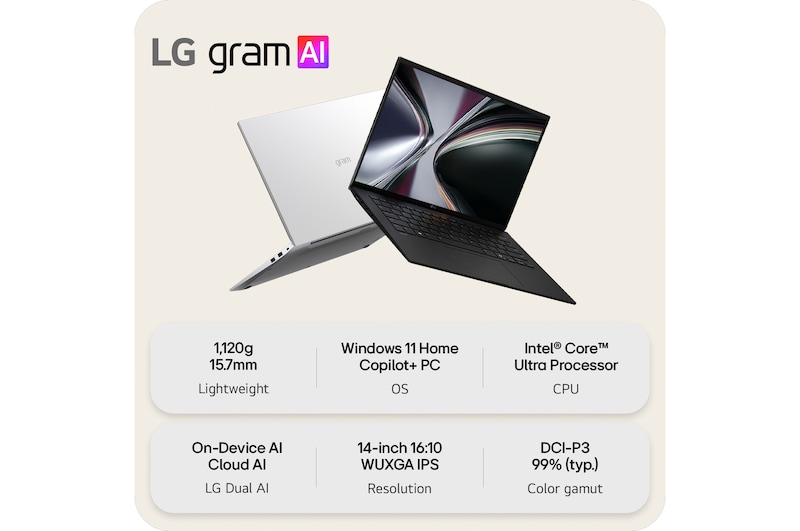 A floating LG gram AI laptop shown from multiple angles, highlighting its slim and lightweight design. The image presents key features including 1,120g weight, 15.7mm thin body, Windows 11 Home Copilot+ PC, Intel Core Ultra processor, on-device and cloud AI support, a 14-inch 16:10 WUXGA display, DCI-P3 99% color gamut.