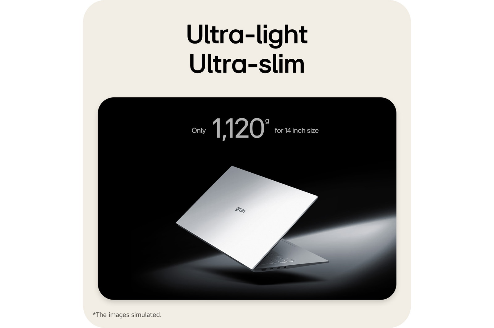 An LG gram laptop displayed at an angled position on a dark background, emphasizing its lightweight 1,120g body designed for a 14-inch size.