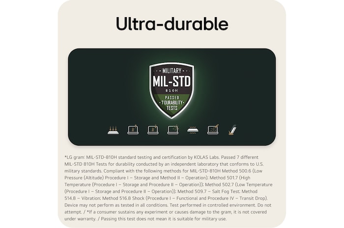 This image displays a MIL-STD-810H military durability certification badge indicating that the lightweight 14 inch rugged notebook computer has passed seven durability tests. Below the badge, a series of icons visually represents different test conditions, including shock, vibration, temperature variation, dust exposure, and other environmental stress scenarios.