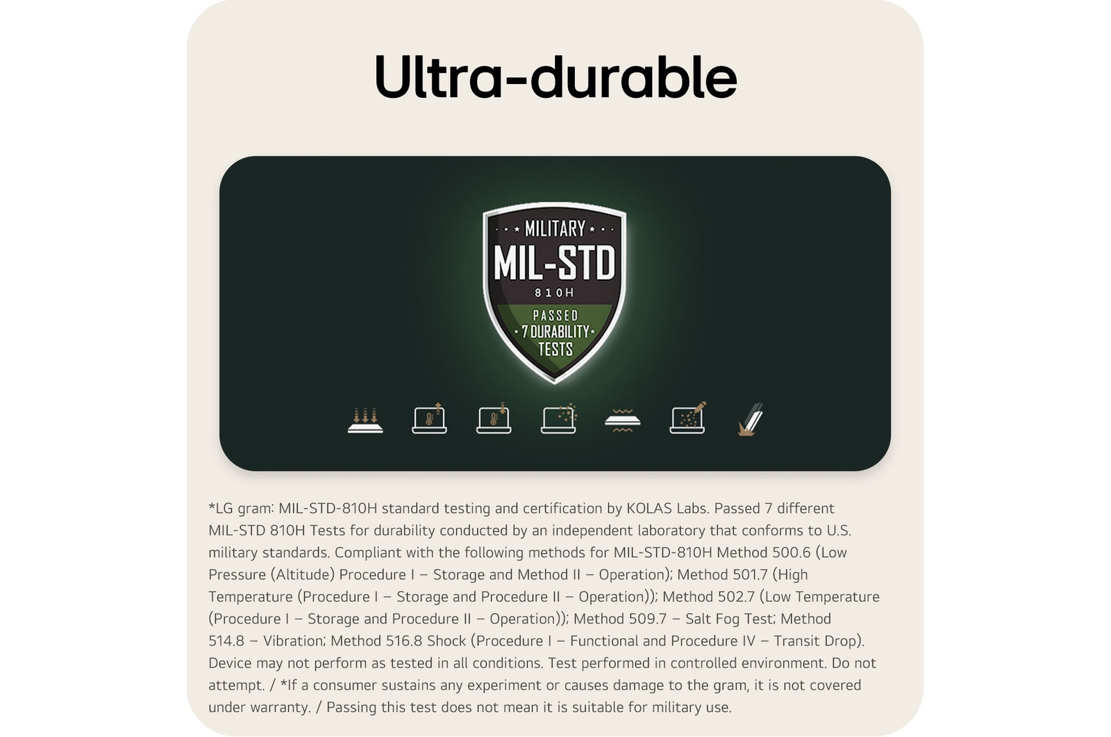 This image displays a MIL-STD-810H military durability certification badge indicating that the lightweight 14 inch rugged notebook computer has passed seven durability tests. Below the badge, a series of icons visually represents different test conditions, including shock, vibration, temperature variation, dust exposure, and other environmental stress scenarios.