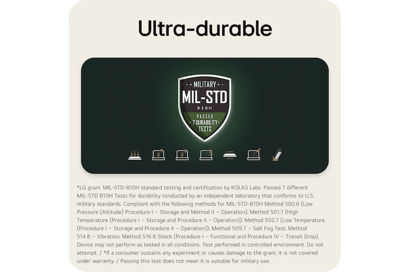 This image displays a MIL-STD-810H military durability certification badge indicating that the lightweight 14 inch rugged notebook computer has passed seven durability tests. Below the badge, a series of icons visually represents different test conditions, including shock, vibration, temperature variation, dust exposure, and other environmental stress scenarios.