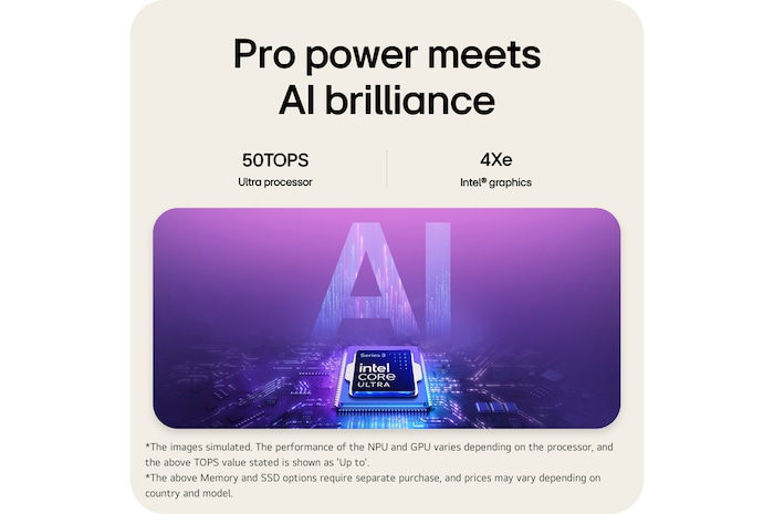 A visual illustration of an Intel Core Ultra processor placed on a circuit board, symbolizing AI performance. The image highlights up to 50 TOPS processing capability and Intel graphics with 4Xe cores, represented through a glowing AI-themed graphic background.
