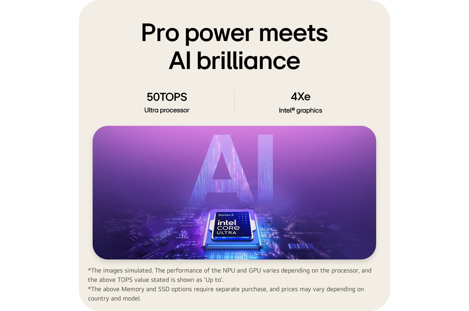A visual illustration of an Intel Core Ultra processor placed on a circuit board, symbolizing AI performance. The image highlights up to 50 TOPS processing capability and Intel graphics with 4Xe cores, represented through a glowing AI-themed graphic background.