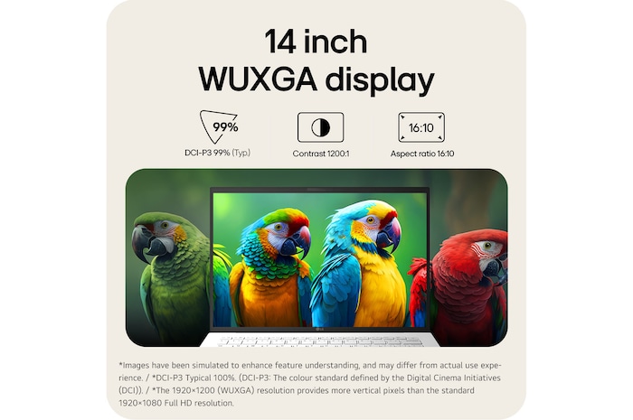 A front view of an LG gram laptop featuring a 14 inch WUXGA display. Icons above the device indicate DCI-P3 99% (Typ.) color gamut, 1200:1 contrast, and 16:10 aspect ratio. The screen shows a vivid, high-contrast image.