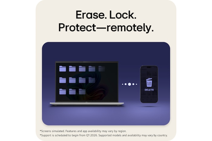 This image shows an LG gram laptop displaying folders alongside a connected phone with a delete icon, illustrating remote erase, lock, and protection features that allow securing laptop data from a mobile device.