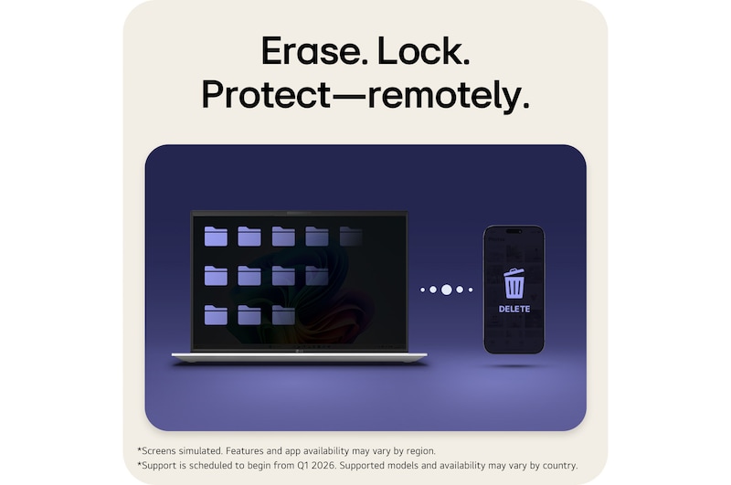 This image shows an LG gram laptop displaying folders alongside a connected phone with a delete icon, illustrating remote erase, lock, and protection features that allow securing laptop data from a mobile device.