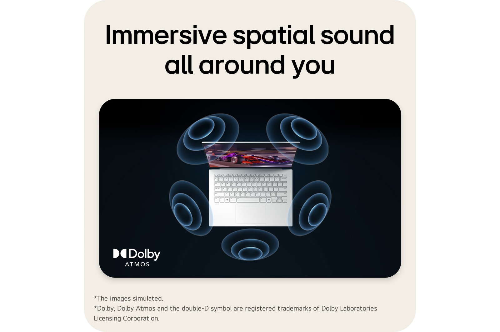 A top-down view of an LG gram laptop surrounded by circular sound wave graphics. The image visually represents immersive spatial audio, with Dolby Atmos branding shown on the lower corner of the scene.