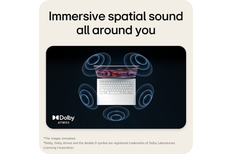 A top-down view of an LG gram laptop surrounded by circular sound wave graphics. The image visually represents immersive spatial audio, with Dolby Atmos branding shown on the lower corner of the scene.