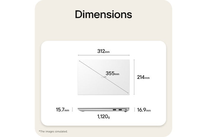 A dimension diagram of the LG gram laptop showing its physical size and weight. The image displays a width of 312mm, depth of 214mm, diagonal length of 355mm, thickness ranging from 15.7mm to 16.9mm, and a weight of 1,120g.
