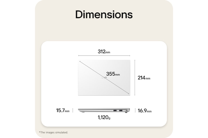 A dimension diagram of the LG gram laptop showing its physical size and weight. The image displays a width of 312mm, depth of 214mm, diagonal length of 355mm, thickness ranging from 15.7mm to 16.9mm, and a weight of 1,120g.