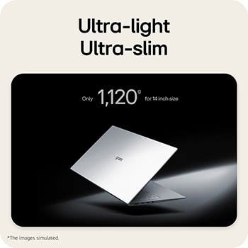 An LG gram laptop displayed at an angled position on a dark background, emphasizing its lightweight 1,120g body designed for a 14-inch size.