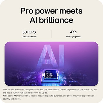 A visual illustration of an Intel Core Ultra processor placed on a circuit board, symbolizing AI performance. The image highlights up to 50 TOPS processing capability and Intel graphics with 4Xe cores, represented through a glowing AI-themed graphic background.