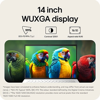 A front view of an LG gram laptop featuring a 14 inch WUXGA display. Icons above the device indicate DCI-P3 99% (Typ.) color gamut, 1200:1 contrast, and 16:10 aspect ratio. The screen shows a vivid, high-contrast image.