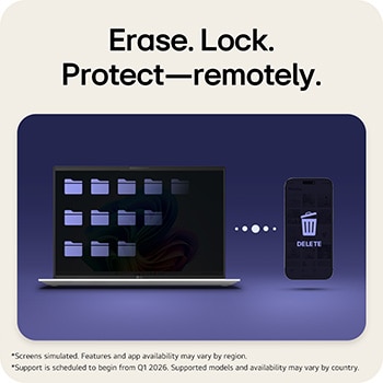 This image shows an LG gram laptop displaying folders alongside a connected phone with a delete icon, illustrating remote erase, lock, and protection features that allow securing laptop data from a mobile device.