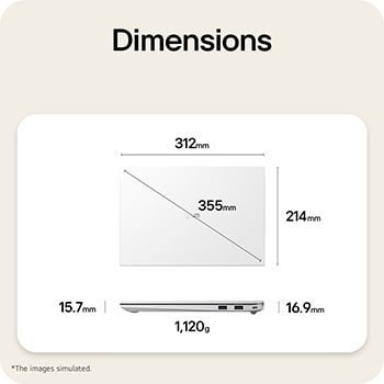 A dimension diagram of the LG gram laptop showing its physical size and weight. The image displays a width of 312mm, depth of 214mm, diagonal length of 355mm, thickness ranging from 15.7mm to 16.9mm, and a weight of 1,120g.