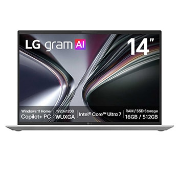Front view of 14-Inch LG gram | <br>Copilot+ PC | Windows 11 Home <br>| Lightweight Dual AI Laptop (1.1kg) | AI Powered Intel® Core™ U7, IPS Display 14Z90U-G.AU74A3