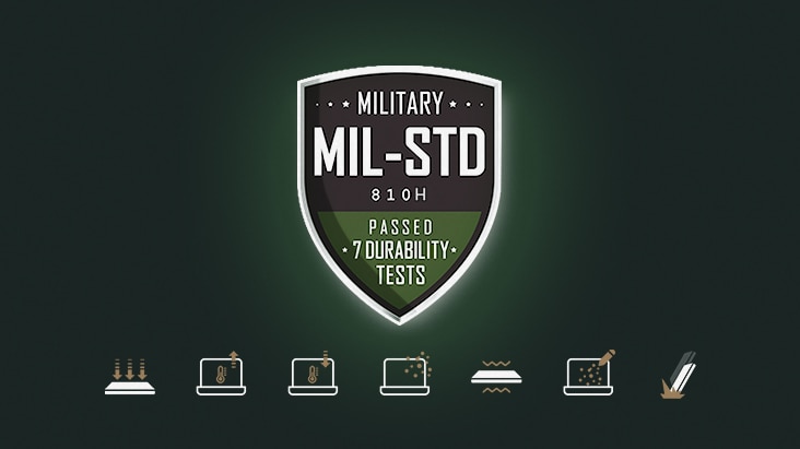 This image displays a MIL-STD-810H military durability certification badge indicating that the lightweight 14 inch rugged notebook computer has passed seven durability tests. Below the badge, a series of icons visually represents different test conditions, including shock, vibration, temperature variation, dust exposure, and other environmental stress scenarios, emphasizing the tested durability standards and the reliability of the rugged notebook computer for daily use and mobile working environments.