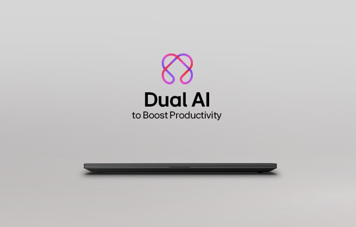 This image shows the slim LG Gram AI laptop viewed from the front against a minimalist background.