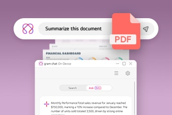 This image shows a search bar at the top with the text 'Summarise this document,' accompanied by a red PDF icon and a cursor pointing to it. Below, a preview of a PDF document is partially visible, and a summary of the document's content is displayed in a chat window labeled 'gram chat On-Device.' The interface suggests an AI-driven feature for summarising documents.