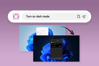 This image shows a search bar with the text 'Turn on dark mode,' above two screenshots of a desktop. The first screenshot displays a light mode interface, while the second shows the same interface in dark mode, connected by a curved arrow indicating the transition.