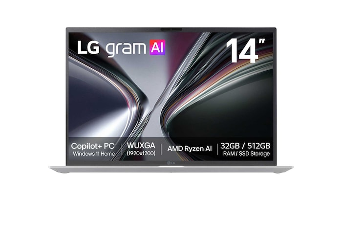 A front-facing view of the LG gram AI laptop with a 14-inch display. The image highlights key specifications shown on the screen, including Windows 11 Home Copilot+ PC, a WUXGA display, Intel Core Ultra processor, and memory and storage configuration of 32 GB RAM and 2TB SSD.