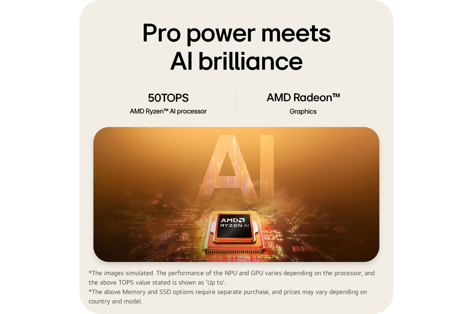 A visual illustration of an Intel Core Ultra processor placed on a circuit board, symbolizing AI performance. The image highlights up to 50 TOPS processing capability and Intel graphics with 4Xe cores, represented through a glowing AI-themed graphic background.