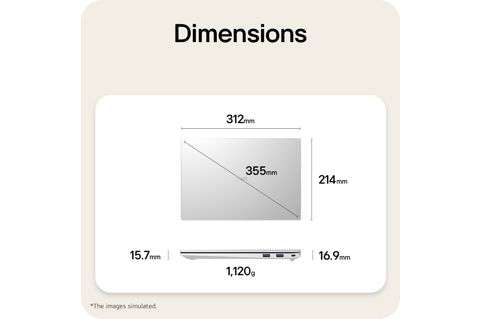 A dimension diagram of the LG gram laptop showing its physical size and weight. The image displays a width of 312mm, depth of 214mm, diagonal length of 355mm, thickness ranging from 15.7mm to 16.9mm, and a weight of 1,120g.