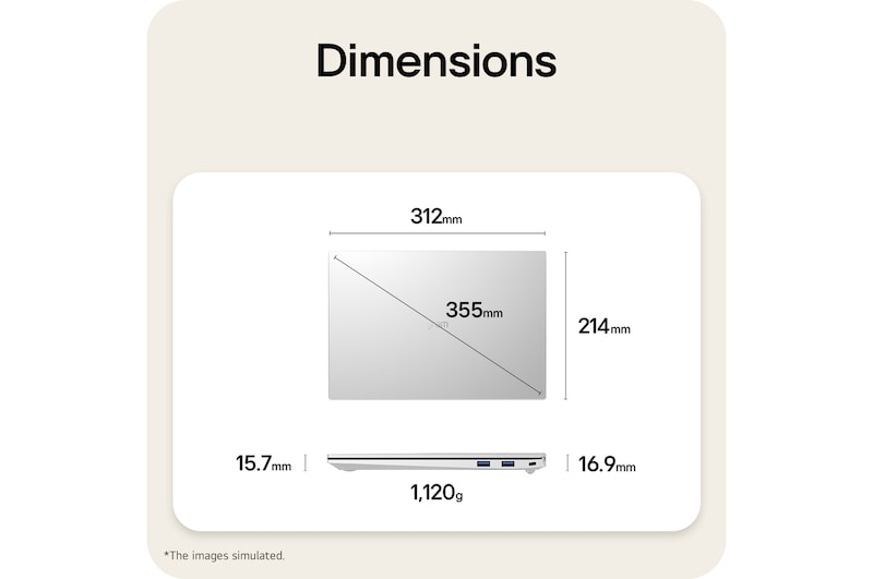 A dimension diagram of the LG gram laptop showing its physical size and weight. The image displays a width of 312mm, depth of 214mm, diagonal length of 355mm, thickness ranging from 15.7mm to 16.9mm, and a weight of 1,120g.