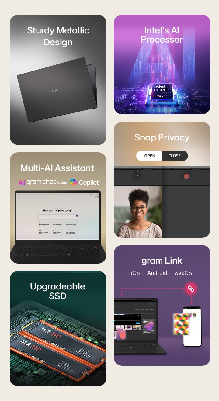 In the top-left panel, the image shows the cover of a lightweight laptop against a clean monotone background. In the top-center panel, the image shows the laptop’s webcam privacy feature with an open webcam during a video call and a closed webcam using a sliding shutter. In the top-right panel, the image features an Intel Core Ultra AI processor on a purple and blue futuristic background with semi-transparent “AI” text. In the bottom-left panel, the image shows dual M.2 SSDs installed side by side on the motherboard, highlighting high-speed storage. In the bottom-center panel, the image shows a front view of a laptop with an AI Cloud logo on the upper left and a Copilot logo on the upper right. In the bottom-right panel, the image shows a laptop and a mobile device wirelessly linked, illustrating seamless wireless connectivity for flexible multi-device work.
