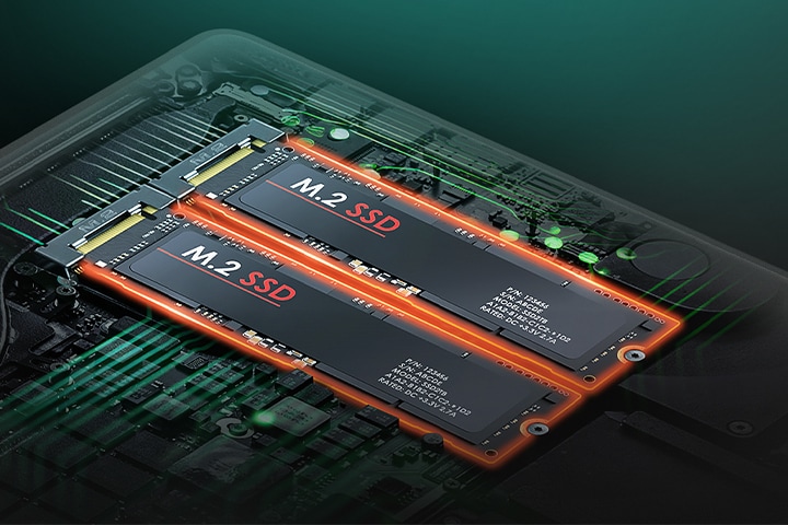 The image highlights the laptop’s internal hardware, showcasing dual M.2 SSDs installed side by side on the motherboard, emphasizing high-speed storage performance. The components are illuminated with a green glow, and the SSD slot outlines are shown in orange.