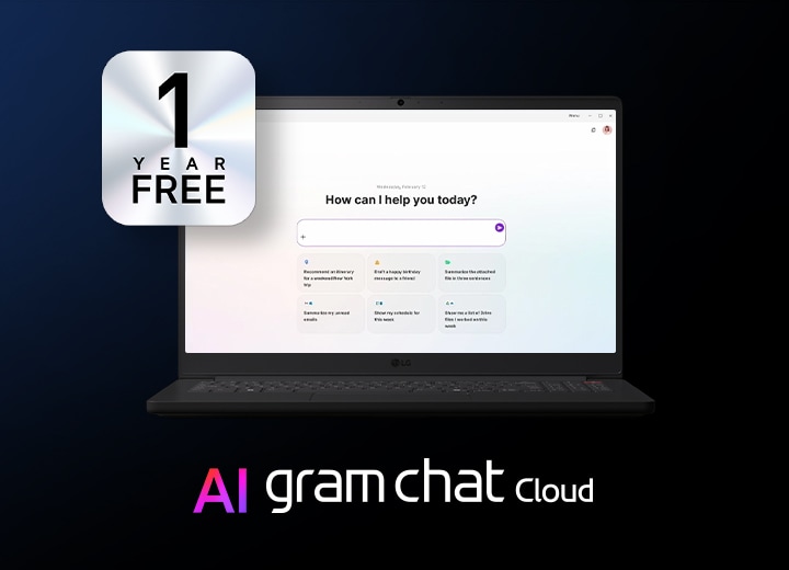 LG gram chat Cloud AI assistant interface is displayed on a laptop screen, highlighting cloud-based AI services with a 1-year free trial offer badge.