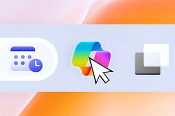 The image features a user interface segment, showcasing icons in a taskbar or app launcher. The center icon, highlighted with a cursor, represents the Windows Copilot, a colorful symbol indicating AI-powered assistance. 