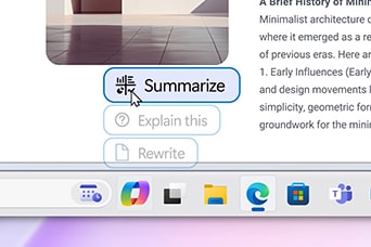 The image shows a cursor hovering over a "Summarize" button in a digital assistant interface. Below are options like "Explain this" and "Rewrite."